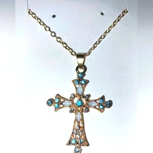 Elegant Gold and Blue Cross Pendant Necklace
